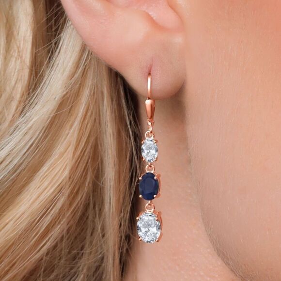18K Rose Gold with 6.20Cttw 3 Stone White Topaz and Blue Sapphire Drop Earrings - Picture 2 of 5